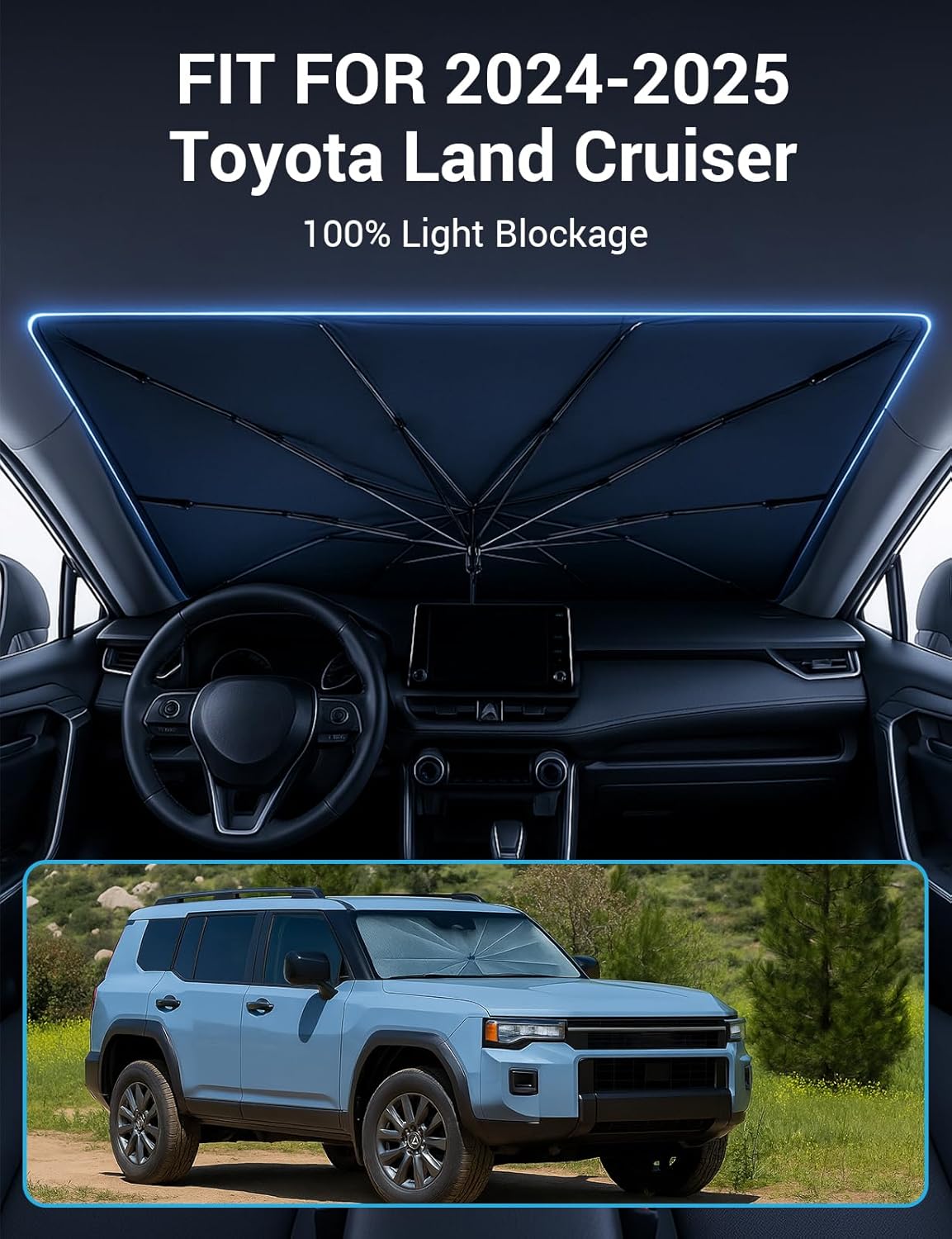 Proadsy Windshield Sun Shade Umbrella for Toyota Land Cruiser 2024-2025 2026 Foldable Car Umbrella Sunshade with Soft TPU Handle Spring Structure Crystal Cooling Material Protect Car from Rays & Heat