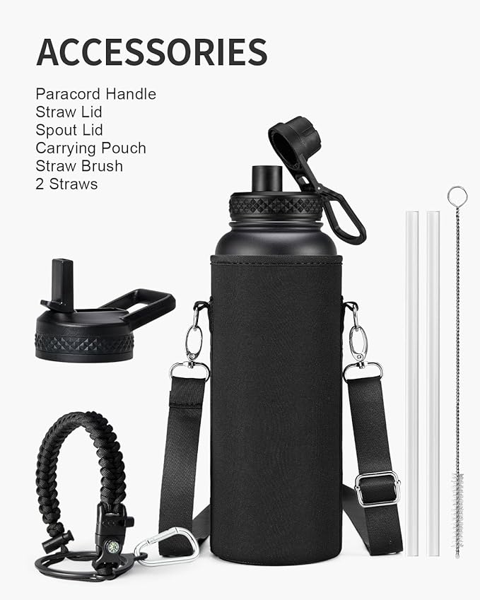 40oz Insulated Water Bottle,Stainless Steel Vacuum Water Bottle, BPA-Free & Leakproof -with Paracord Handle,Strap,Straw Spout Lids,Large Water Jug for Gym Sports
