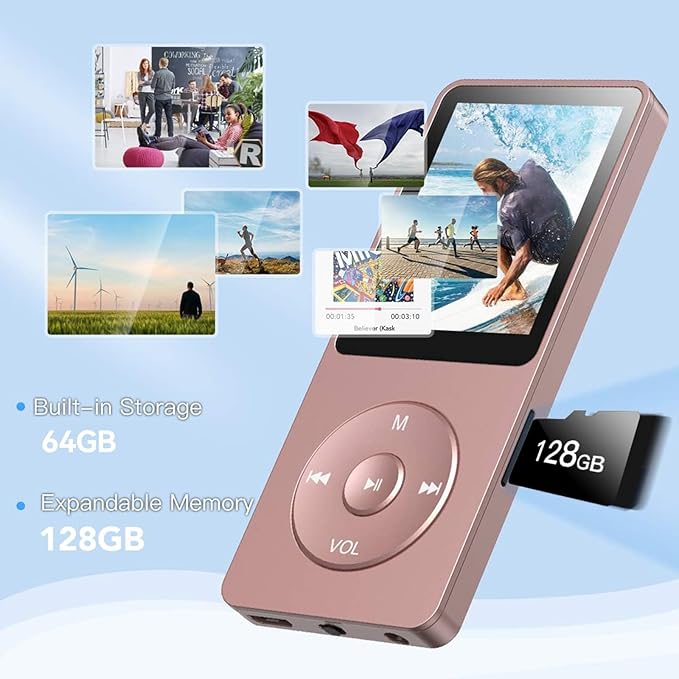 AGPTEK A02PL 64GB MP3 Player, 70 Hours Playback Lossless Sound Music Player, Supports up to 128GB(Rose Gold)