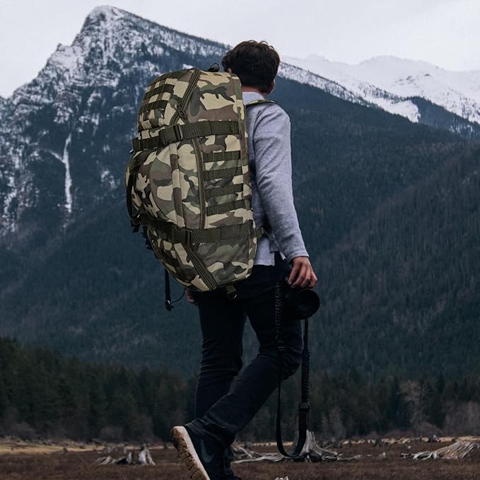 55L Large Duffle Bag, 3-in-1 Tactical Backpack MOLLE Pack for Sports, Gym, Outdoor, Woodland