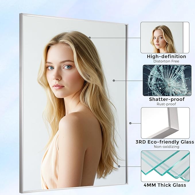 20x40 Inch Nickel Bathroom Mirror for Wall, Aluminum Frame Rectangle Rectangular Vanity Mirror, Modern Large for Bedroom, Living Room, Horizontal or Vertical