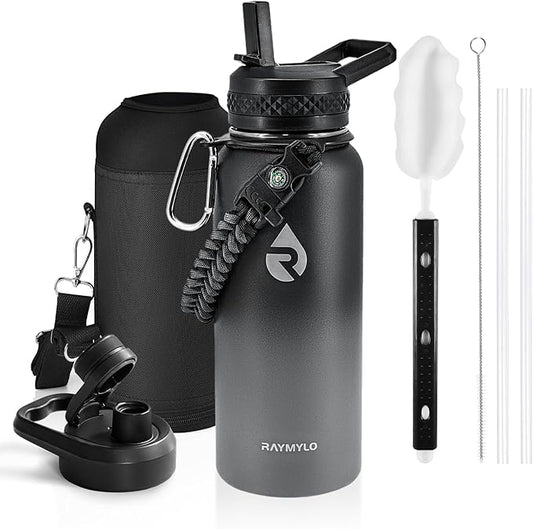 Insulated Water Bottle 32 oz, Triple Wall Vacuum Stainless Steel (Cold for 48 Hrs), Leak Proof & Non-BPA, Modern Water Flask Jug with Paracord Handle & Straw Spout Lids, Dark Grey