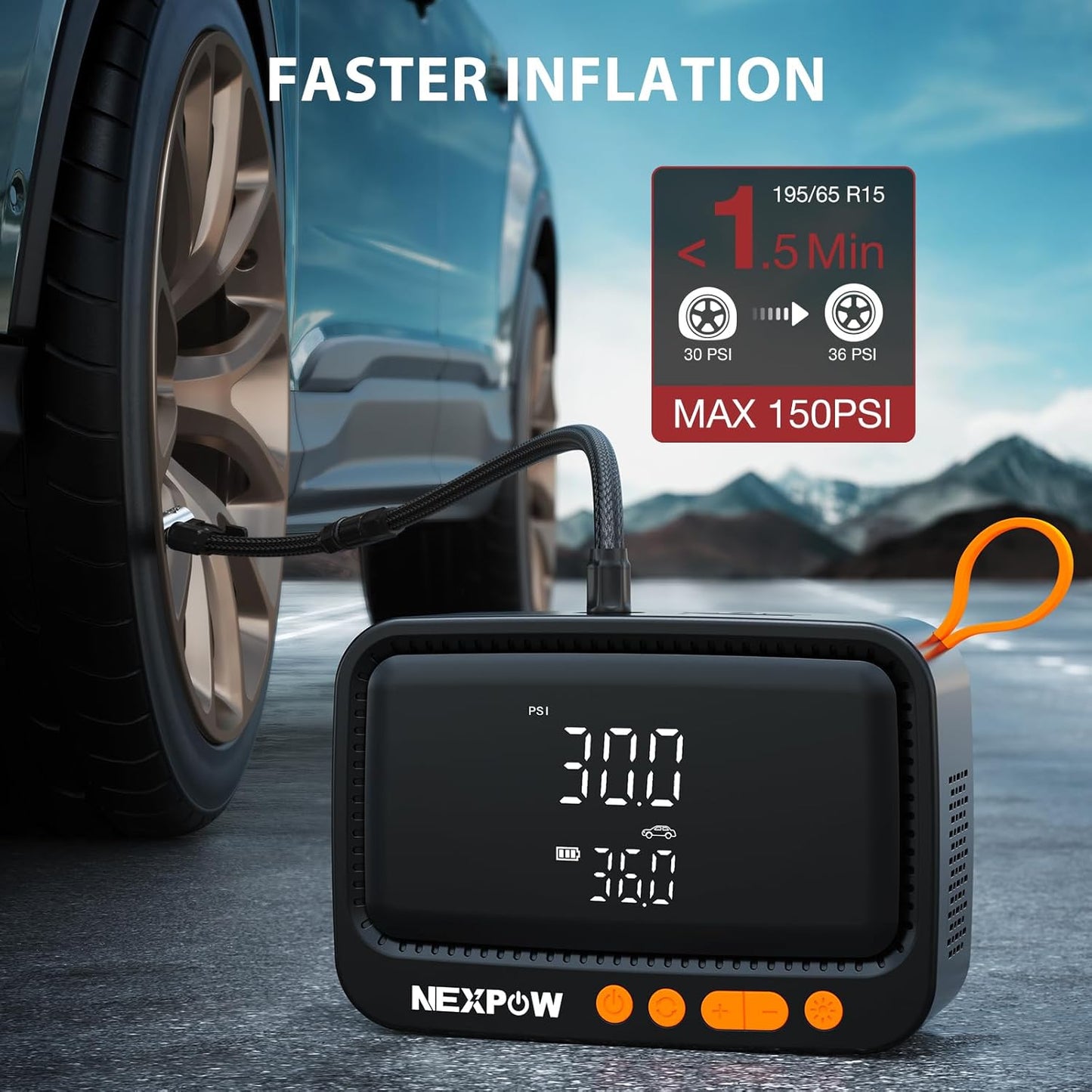 NEXPOW Tire Inflator Portable Air Compressor, 150 PSI Cordless Air Pump for Car Tires with Digital Pressure Gauge & Auto Shut-Off, Air Compressor Portable for Car, Motorcycle, Bicycle, Balls, Orange