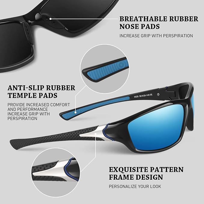 Polarized Sports Sunglasses for Men Women,Fishing Driving Rectangular Goggles UV400 Protection