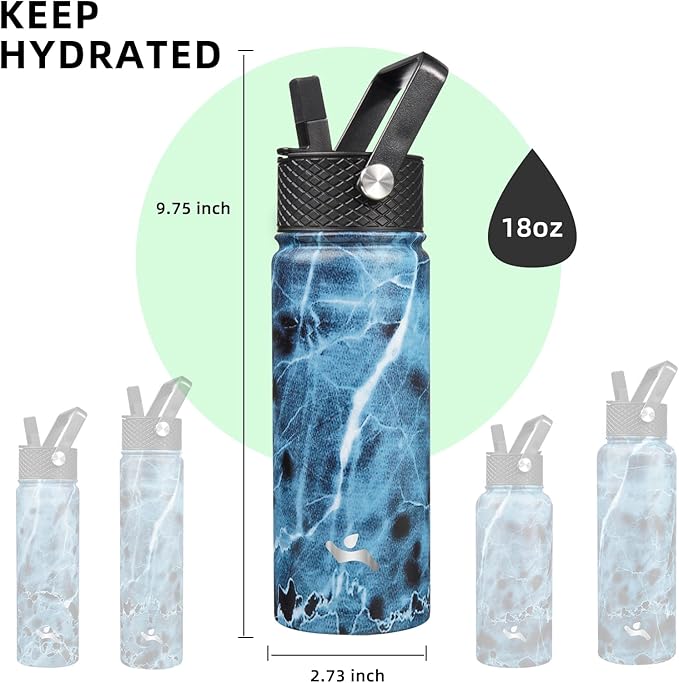 18 oz Insulated Water Bottle Stainless Steel Sport Bottles with 3 Lids,Marble Ocean