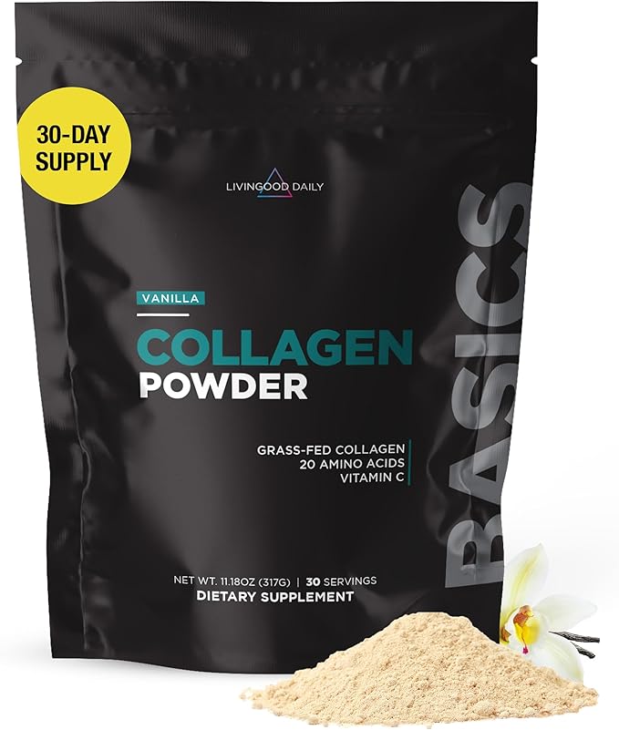 Livingood Daily Vanilla Collagen Powder for Women & Men, Hydrolyzed Collagen Peptides Powder with Vitamin C, Protein with 20 Amino Acids, Type I & III, Grass Fed, Keto, Paleo, Gluten Free, 30 Srvgs