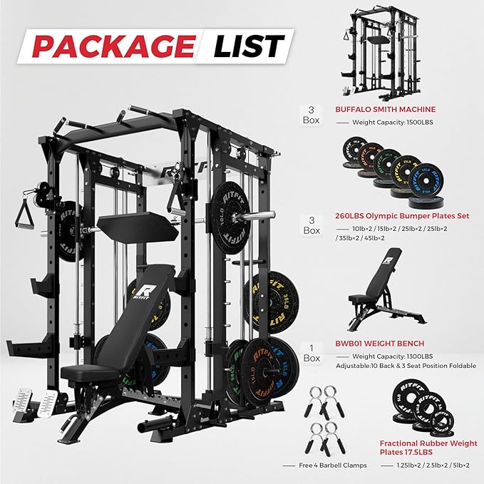 RitFit Smith Machine Power Cage with LAT Pulldown & Cable Crossover, All-in-One Power Rack Home Gym System with Leg Press Attachment & Accessories