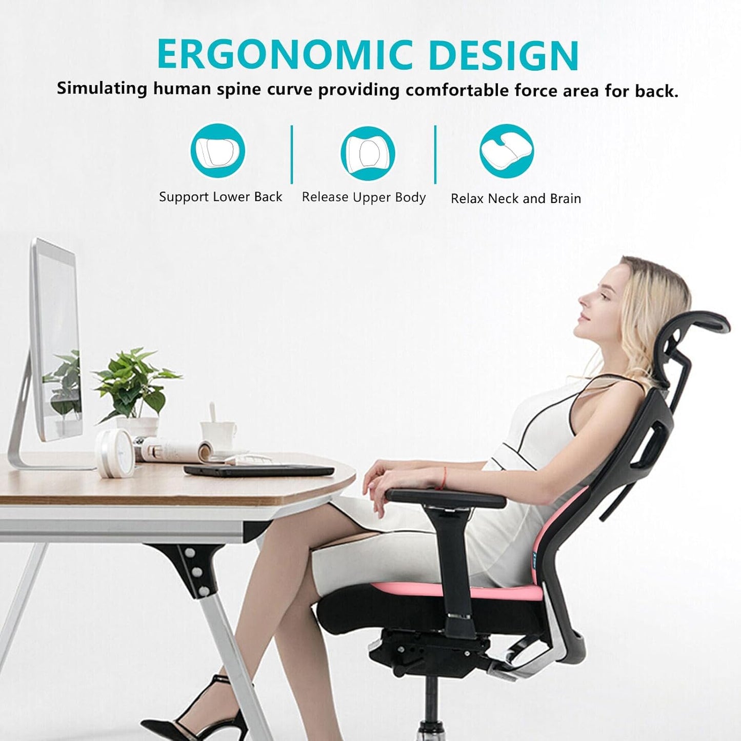 FLORICH Car Seat Cushion and Back Support for Office Chair Memory Foam Chair Cushions Pressure Relief Seat Pads with Gel Massage Point Lumbar Support(Pink)