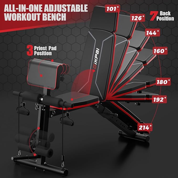 Adjustable Weight Bench, Bench Press for Full Body Workout, Foldable Workout Bench for Home Gym, Strength Training Bench to Incline Decline Flat w/Leg Extension and Headrest