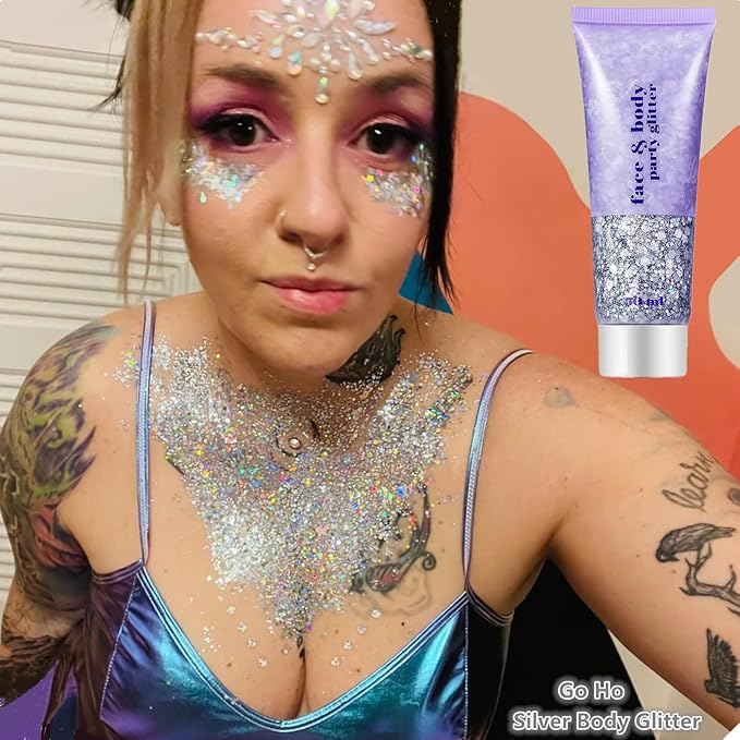 Go Ho Silver Face Body Glitter Gel,Singer Concerts Silver Face Paint Makeup,Holographic Chunky Glitters for Hair/Lip/Nails on Party Halloween Makeup,Festival Rave Accessories,52g
