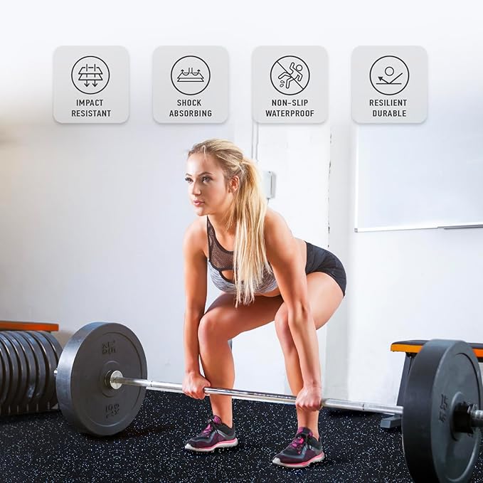 AIRHOP 0.56in Thick 48 Sq Ft Exercise Equipment Mats, 12 Tiles Upgraded Rubber Top with High Density EVA Foam, Large Interlocking Puzzle Gym Flooring for Home Gym, Heavy Weight Workout,Black & Blue