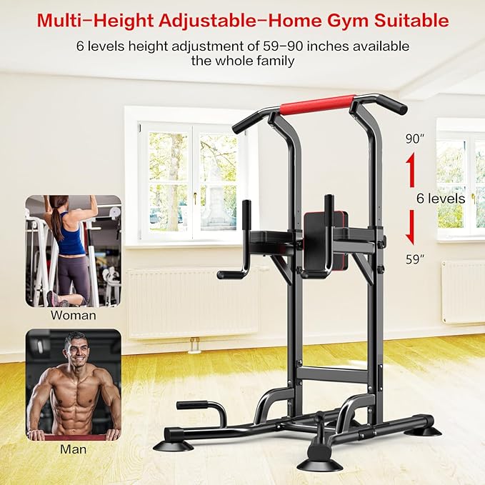 Power Tower Height Adjustable 59”-90” Dip Station Pull Up Bar Multi-Function for Home Gym Fitness Workout Exercise Equipment Strength Training