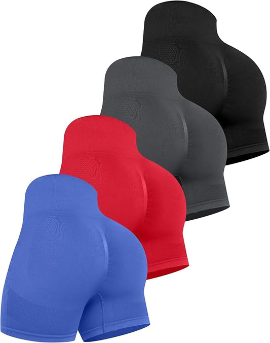 CHRLEISURE Women's 4 Packs Workout Gym Shorts, High Waisted Butt Lifting Scrunch Butt Seamless Booty Shorts