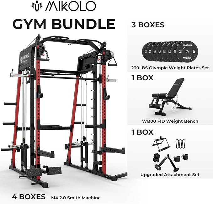 Mikolo Smith Machine, 2200lbs Squat Rack with LAT-Pull Down System & Cable Crossover Machine, Training Equipment with Leg Hold-Down Attachment