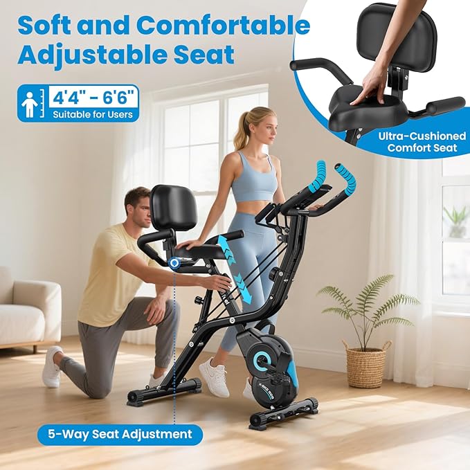Foldable Exercise Bike, Multifunctional Indoor Stationary Bikes for Home with 8-Level Magnetic Resistance, Quiet Workout Bike with Arm Resistance Bands, LCD Monitor, 300LBS Capacity