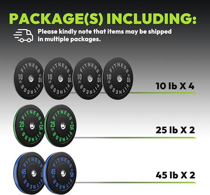 Rubber Weight Plates, Olympic Bumper Plate Set 2-Inch, 45/100 / 160/190 / 260/300 lb Barbell Weights for Home Gym, Colored Standard Strength Training Plates for Weightlifting