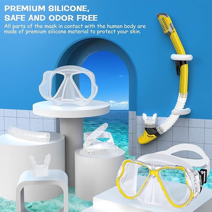 Greatever Dry Snorkel Set,Panoramic Wide View,Anti-Fog Scuba Diving Mask,Professional Snorkeling Gear