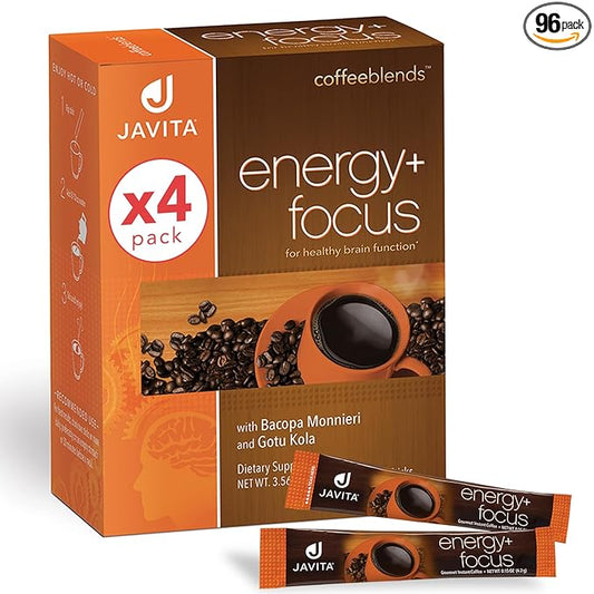 Javita Energy + Focus Instant Coffee Packets, 100% South American Arabica & Robusta Blend, plus Herbs for Clarity, Energy, & Focus, Keto, Dieters Drink, 4 boxes of 24 (4.2g) sticks