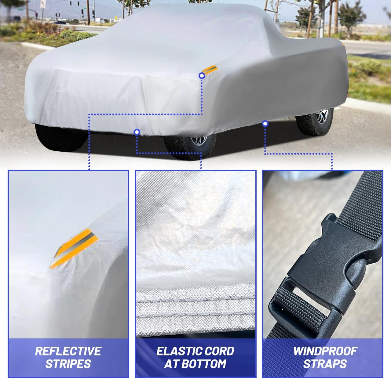 MORNYRAY Waterproof Car Cover All Weather Snowproof UV Protection Windproof Outdoor Full Truck Cover, Universal Fit for (Fit Truck Length 210-230 inch,All Silvery)