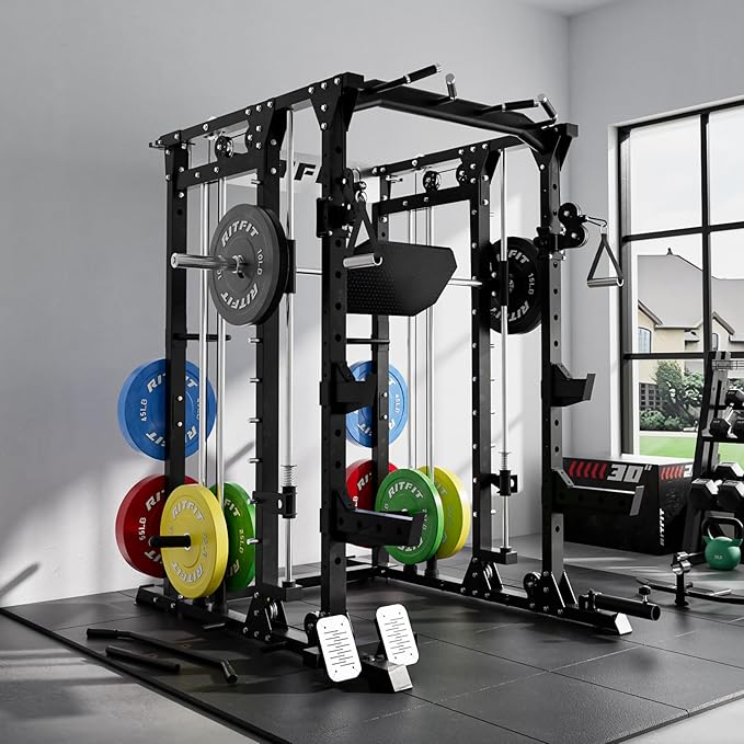 RitFit Smith Machine Power Cage with LAT Pulldown & Cable Crossover, All-in-One Power Rack Home Gym System with Leg Press Attachment & Accessories