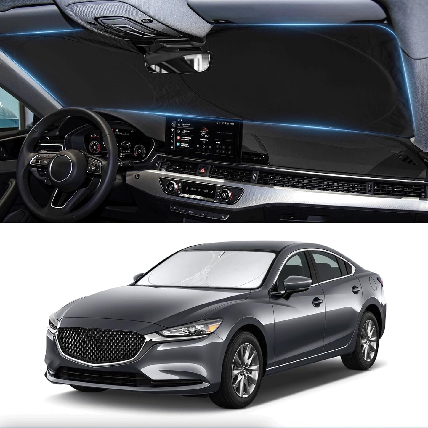 Custom Fit Mazda 6 Windshield Sunshade for Mazda 6 2014-2021 Mazda6 Accessories Front Window Shades Cover for Windshield Sun Visor Protector 210T Reflector Block Heat Protector Blocks UV Rays