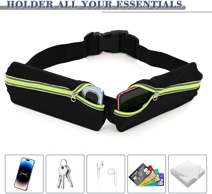 2 Pcs Running Belt for Men and Women, Slim Running Belt, Reflective Waterproof Double Pocket Design, Suitable for Running, Cycling, Mountaineering and Other Sports (Blue, Green)