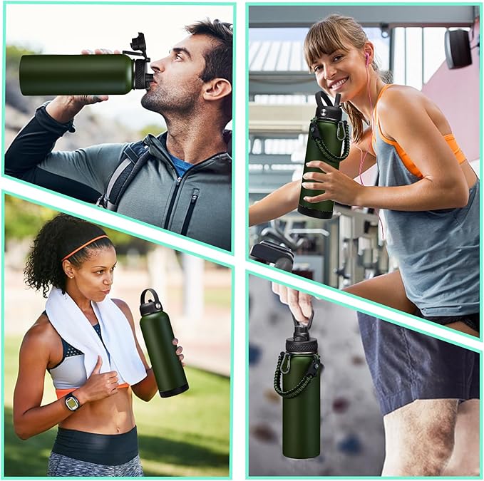 40OZ Water Bottle Stainless Steel - Cold-48H & Hot-24H Vacuum Insulated Water Bottle with Straw & Chug Lid, Strap Carrying Pouch, Paracord Handle & Flask Boot, Thermo Hydro Bottle for Hiking Cycling