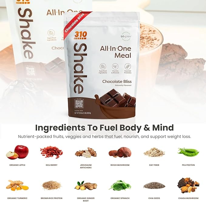 310 Nutrition All-In-One Meal Replacement Shake Powder - Plant-Based Protein Smoothie Blend w/High Fiber, Probiotics & Adaptogens - Low Carb, Vegan, Keto & Paleo Friendly - Chocolate Bliss - 28 Srv