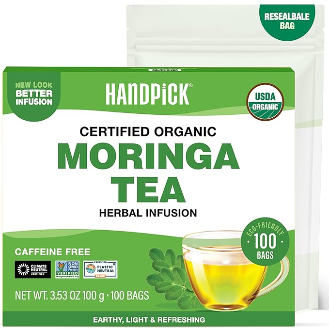 HANDPICK, Organic Moringa Tea Bags (100 Count), Pure Moringa Leaves | Authentic Indian Origin | Caffeine Free, Non GMO | Earthy, Light & Refreshing | Round Eco-conscious Teabags