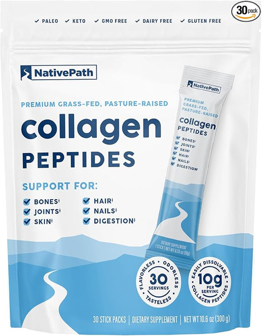 NativePath Collagen Peptides Protein Stick Packs - Hydrolyzed Type 1 & 3 Collagen Powder for Skin, Hair, Nails - 30 Servings
