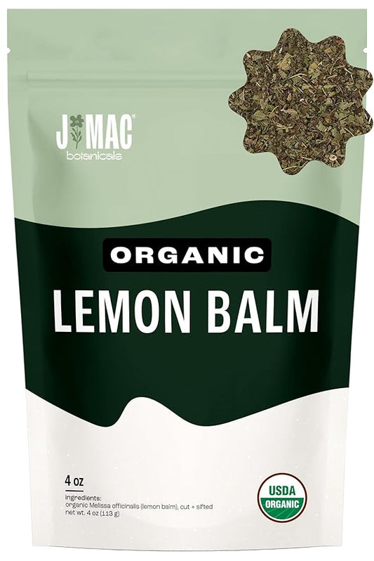 J Mac Botanicals Organic Lemon Balm (4 oz), Loose Leaf Tea, Dried Lemon Balm Tea, herbal Infusion, Lemon balm leaves, melissa officinalis tea, Certified USDA Organic