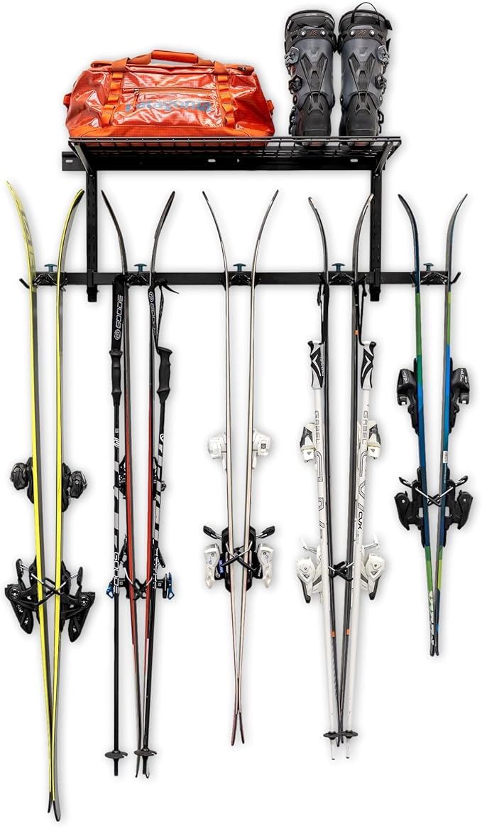 StoreYourBoard Lone Peak Ski Storage Rack and Wall Shelf, Holds 5 Pairs of Skis and Poles, Supports 300 lbs, 46 in x 13.75 in x 16 in