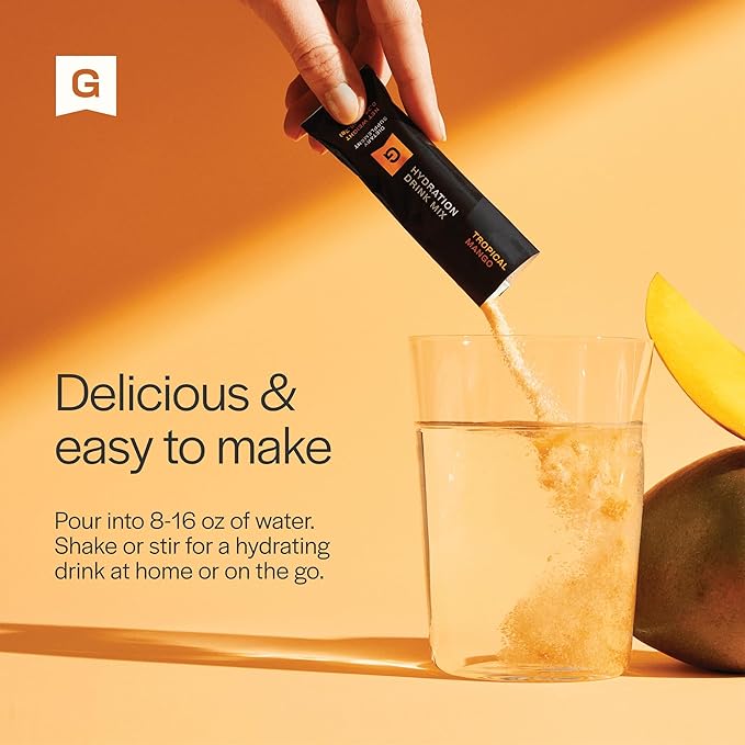 Gainful Hydration + Caffeine Powder Packets with Key Electrolytes Magnesium & Sodium + L Theanine, Low Sugar Drink Mix, Tropical Mango, 21 Sticks