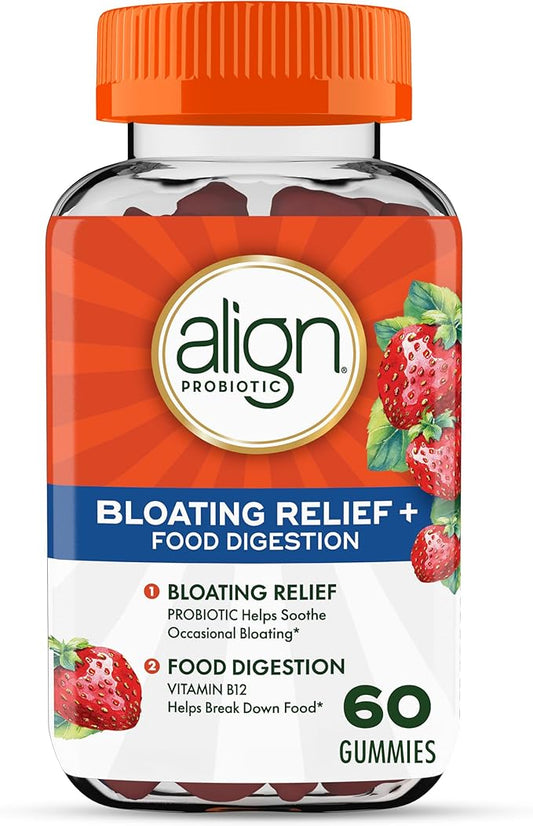 Align Probiotic, Bloating Relief + Food Digestion, Probiotics for Women and Men, Probiotic Helps Soothe Occasional Bloating*, With Vitamin B12 to Help Break Down Food into Cellular Energy*,60 Gummies
