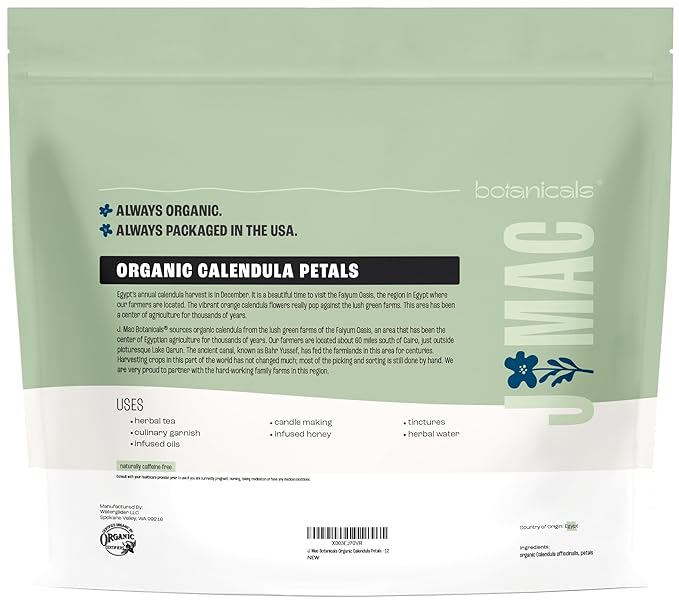 J Mac Botanicals, Organic Calendula Petals (12 oz) edible dried flowers petals, pairs well with edible dried rose petal, edible flowers for ice cubes, edible flowers for food, beverages, bath bombs