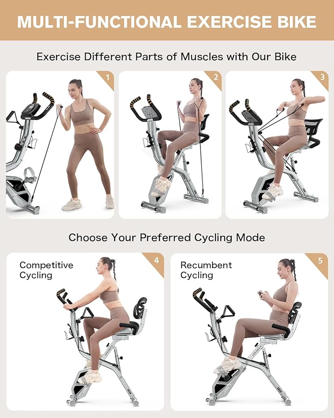 pooboo Folding Exercise Bike, Foldable Upright Stationary Bike, Indoor Cycling Magnetic X-Bike with 8-Level Adjustable Resistance, 6.6 LBS Flywheel, 300LB Capacity, Bottle Holder & Back Support Cushion for Home Gym