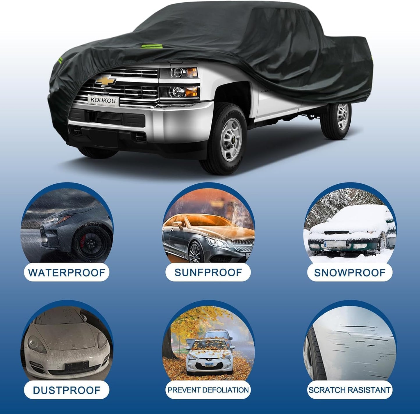 KouKou Truck Cover Waterproof All Weather, 7 Layers Heavy Duty Pickup Truck Cover Outdoor Length from 210 to 232 inches,Universal Fit Ford F150, Nissan Frontier, Toyota Tacoma, GMC Canyon etc.