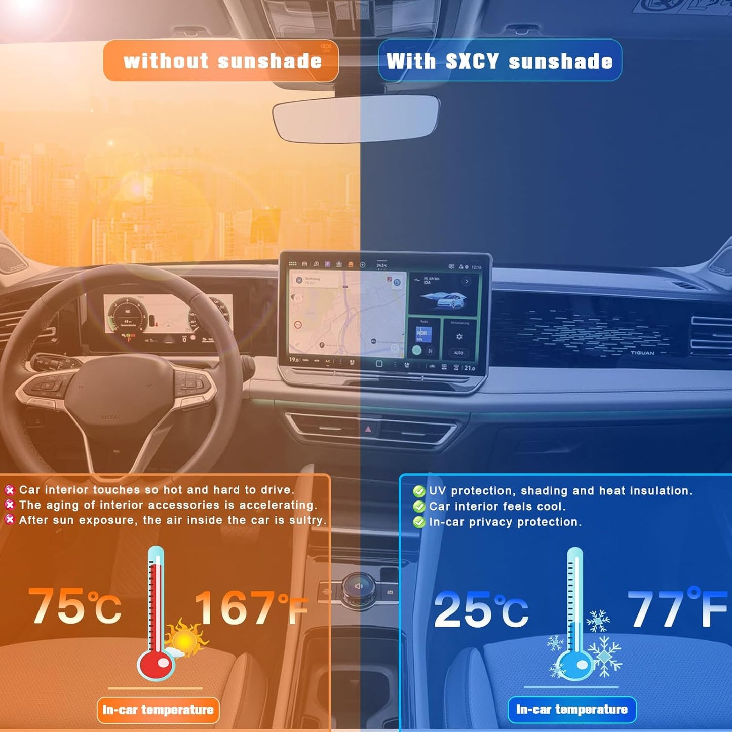 SXCY for 2025 VW Tiguan Windshield Sunshade for Volkswagen Tiguan 2025 Accessories 2025 Tiguan Sunshade Foldable Sun Shield 2025 Tiguan Sun Shade Block UV Rays
