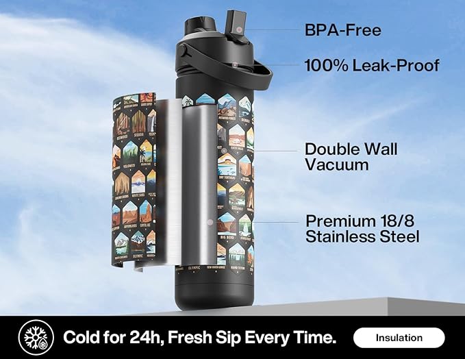 26 oz National Parks Water Bottle with Waterproof Stickers: 2-in-1 Straw Spout Lid, Keep Cold 24H, Leakproof, Car CupHolder Friendly, Insulated Stainless Steel Cup for Travel, Sports, School (Black)
