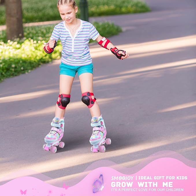 Kids Roller Skates for Girls-Outdoor 4 Size Adjustable Butterfly Quad Rollerskates for Indoor Ages 3-12 Years Beginners Children's Birthday Gift with Light Up Wheels patines para niñas Indoor