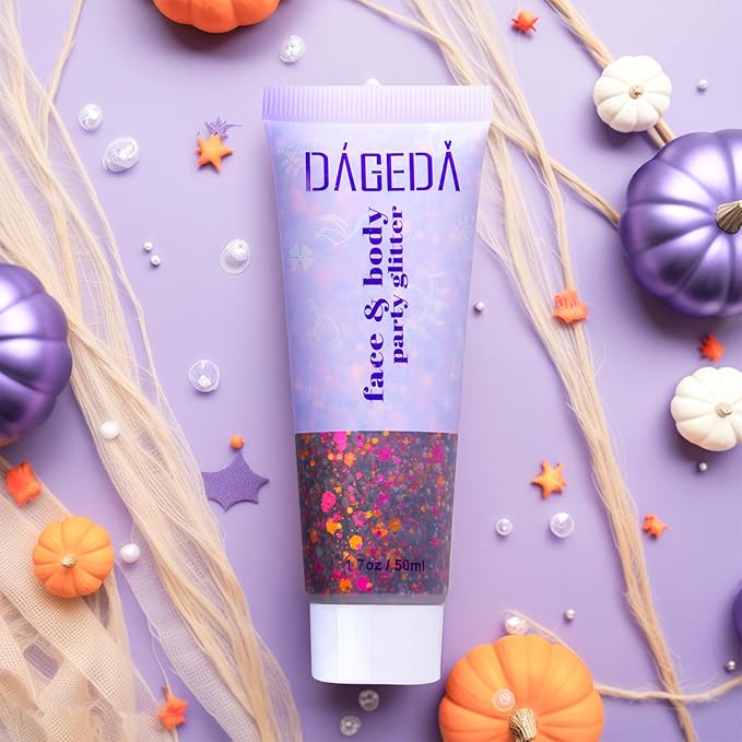 DAGEDA Halloween Body Glitter Gel, Face Glitter Body Gel Sequins Shimmer, Halloween Decor Makeup Chunky Glitter for Face Hair Nails, Holographic Cosmetic Laser Powder Festival Glitter Makeup 50ml