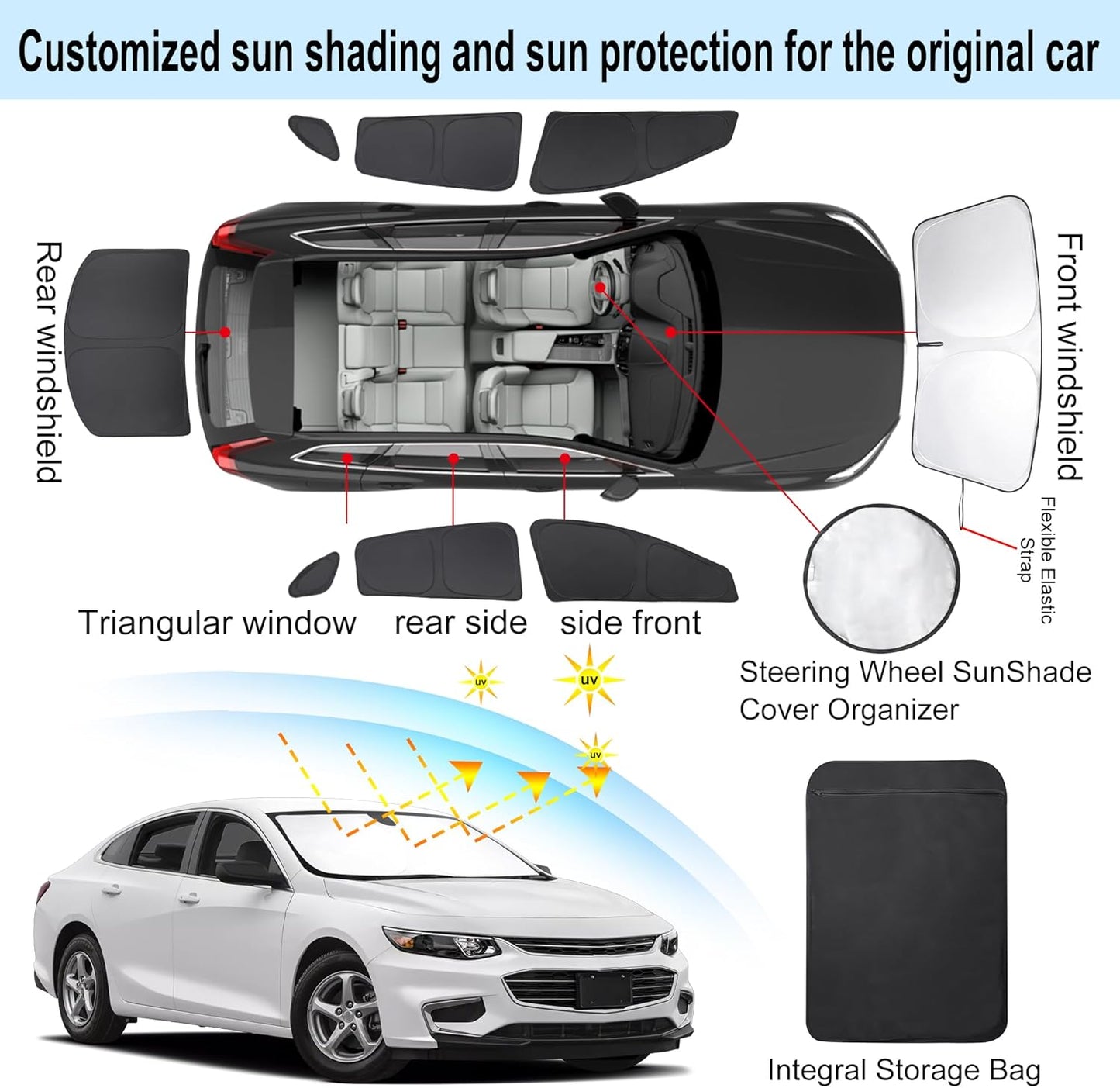 TINGLU Window Shades for Chevrolet Malibu 2016-2025 Accessories Side Full Windows Cover Camping Rear Triangular Windshield Sun Shade Sun UV Rays Privacy Protection 8PCS