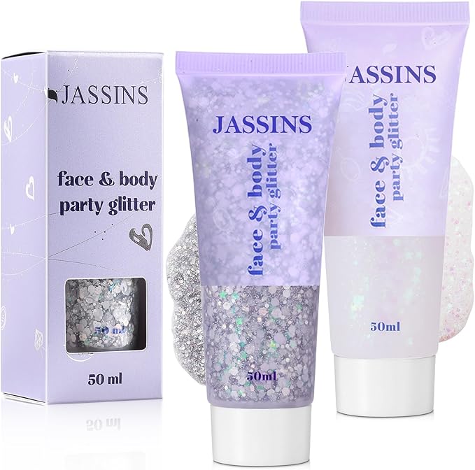 JASSINS 2 Colors Body Glitter, 100ml Face Glitter for Women Girls Kids, Glitter Gel Makeup Tween Gifts, Singer Concerts Festival Rave Accessories, Chunky Mermaid Sequins Glitter