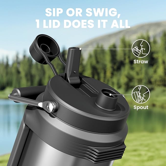 64 oz Insulated Water Bottle for Men: Meoky Triple Wall Vacuum Stainless Steel Half Gallon Water Jug - Top and Side Handles, 2-in-1 Straw and Spout Lid, Cold for 36 Hrs, Leak Proof for Sports (Silver)