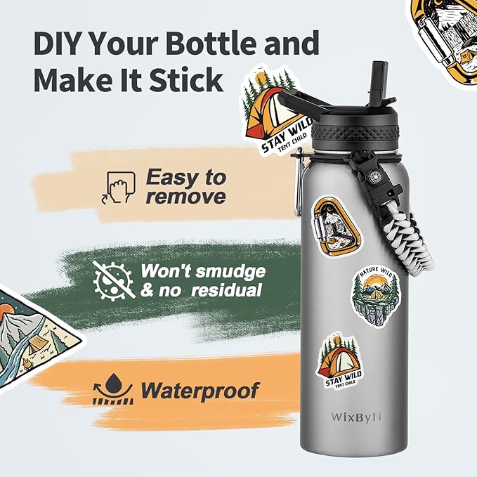 40 oz Insulated Water Bottle with Straw (Cold for 48 Hrs), Stainless Steel Triple Wall Vacuum Sports Water Jug, Leakproof Hydro Cup Flask with Paracord Handle & Straw Spout Lids & DIY Stickers