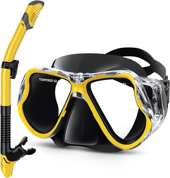 Greatever Dry Snorkel Set,Panoramic Wide View,Anti-Fog Scuba Diving Mask,Professional Snorkeling Gear