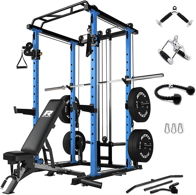 RitFit Multi-Function Squat Rack Power Cage PPC03 with Cable Crossover System, 1000LBS Capacity Power Rack and Packages with Optional Weight Bench, Barbell Weight Set, for Garage Workout & Home Gym