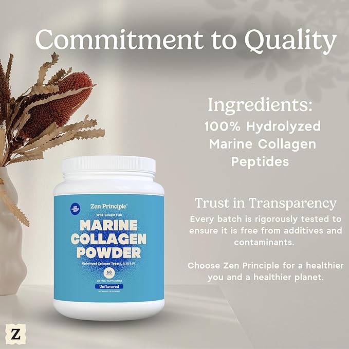 Zen Principle Marine Collagen Peptides Powder 1.5 lb. Wild-Caught Fish, Non-GMO. Supports Healthy Skin, Hair, Joints and Bones.Hydrolyzed Type 1 & 3 Protein. Amino Acids.Unflavored, Easy to Mix.