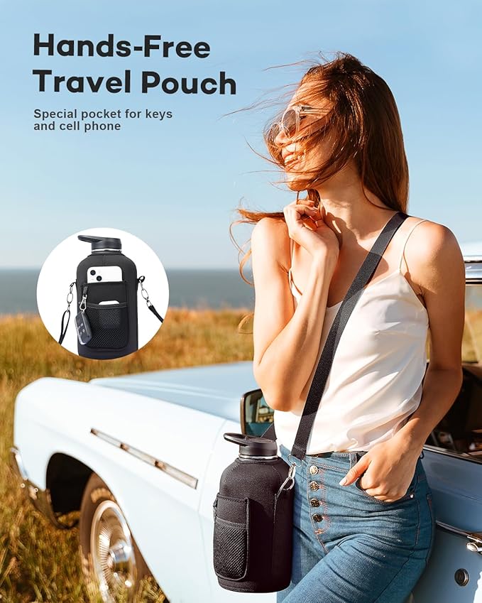 64oz Water Bottle Insulated with Handle,Double-Wall Vacuum Stainless Steel (Cold for 48 Hrs), Half Gallon Water Jugs,Reusable Metal Water Flask with Carry Pouch,Straw & Spout Lid,Indigo Black