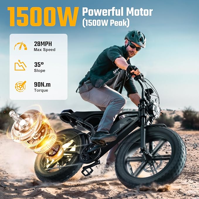 TST Electric Bike for Adults, 1500W Peak Brushless Motor 28 MPH 60 Miles/110 Miles Fat Tire E Bike with 48V 15Ah/ 25Ah Removable Battery 20" Electric Dirt Bike Hydraulic Suspension and 7-Speed